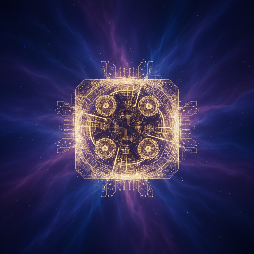 A sophisticated AI core glowing with golden light, intricate circuit patterns, deep purple and blue gradient background, wide angle, no text
