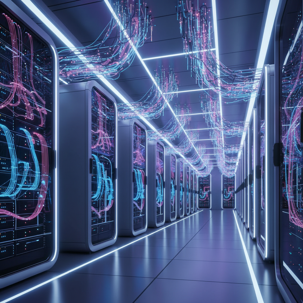 A high-tech AI data center with glowing servers and fiber optic cables, modern blue and purple lighting, sleek architectural design, no text