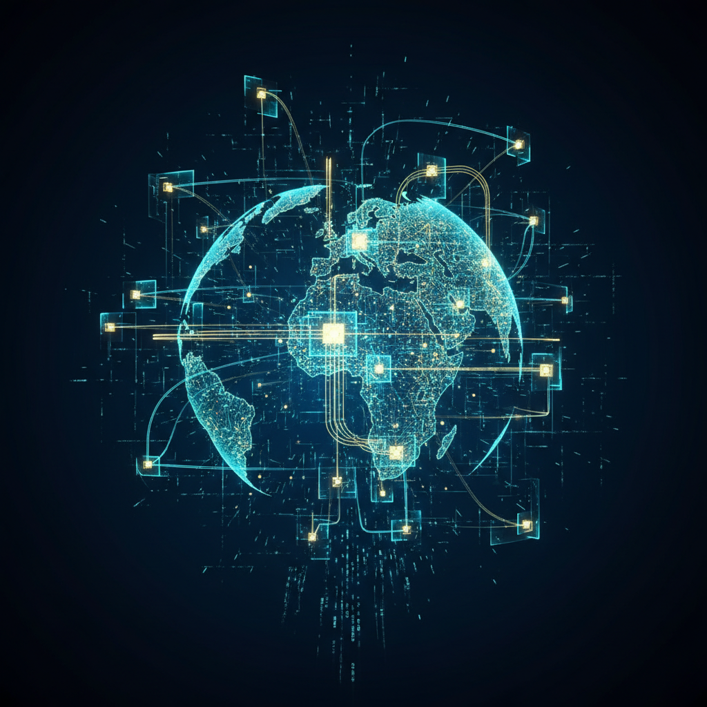 A futuristic representation of global financial data networks connecting nodes, glowing lines, dark gradient background, high-tech aesthetic, no text