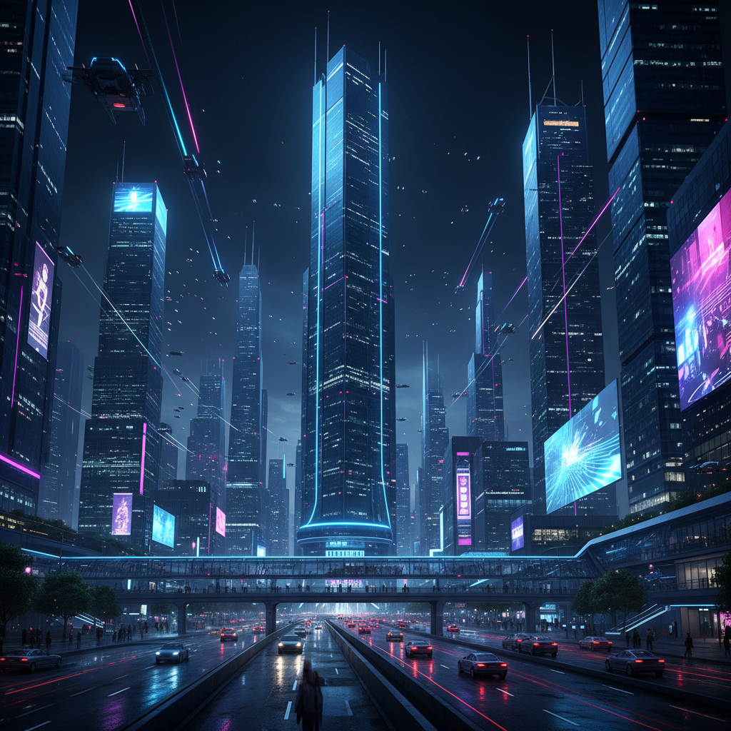 A futuristic financial district with skyscrapers at night, vibrant neon lights reflecting on glass buildings, busy urban energy, cinematic composition, rich blue and purple tones, no text