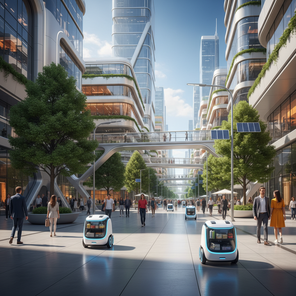 A modern urban landscape with small delivery robots moving on the sidewalk, futuristic and clean aesthetic, bright daylight, vibrant colors, wide perspective, no text