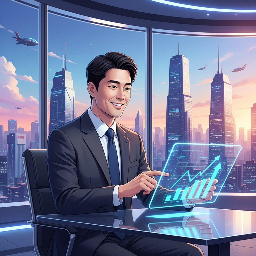 A successful investor checking stock graphs on a tablet, with a futuristic city skyline in the background, modern layout, bright lighting, gradient background, no text, infographic style, Korean appearance