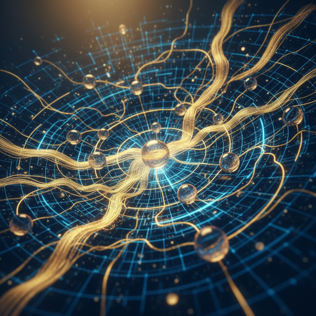 Abstract visualization of digital connectivity and financial flow, glowing lines connecting nodes, gold and blue color palette, rich texture, professional layout, no text