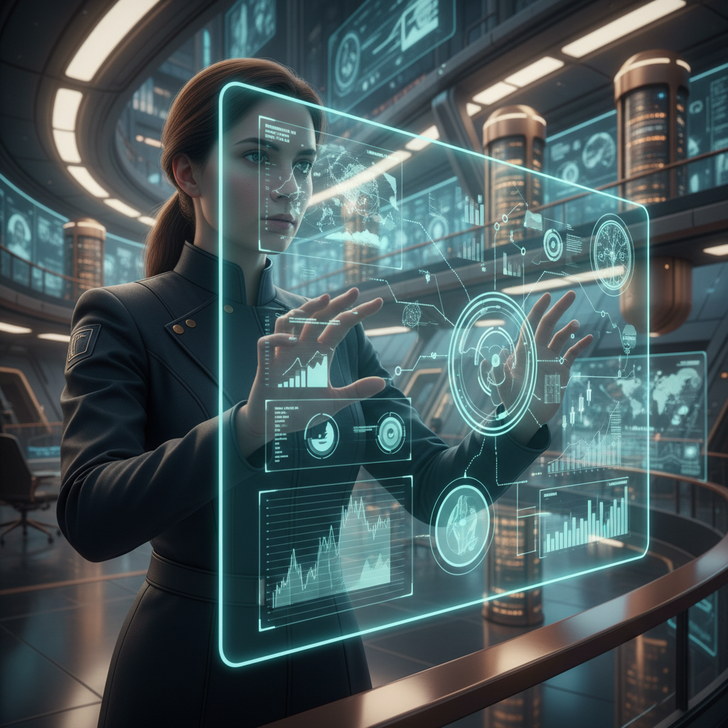 A person managing a digital portfolio on a transparent tablet screen, futuristic professional setting, soft teal and gold lighting, rich background details, no text