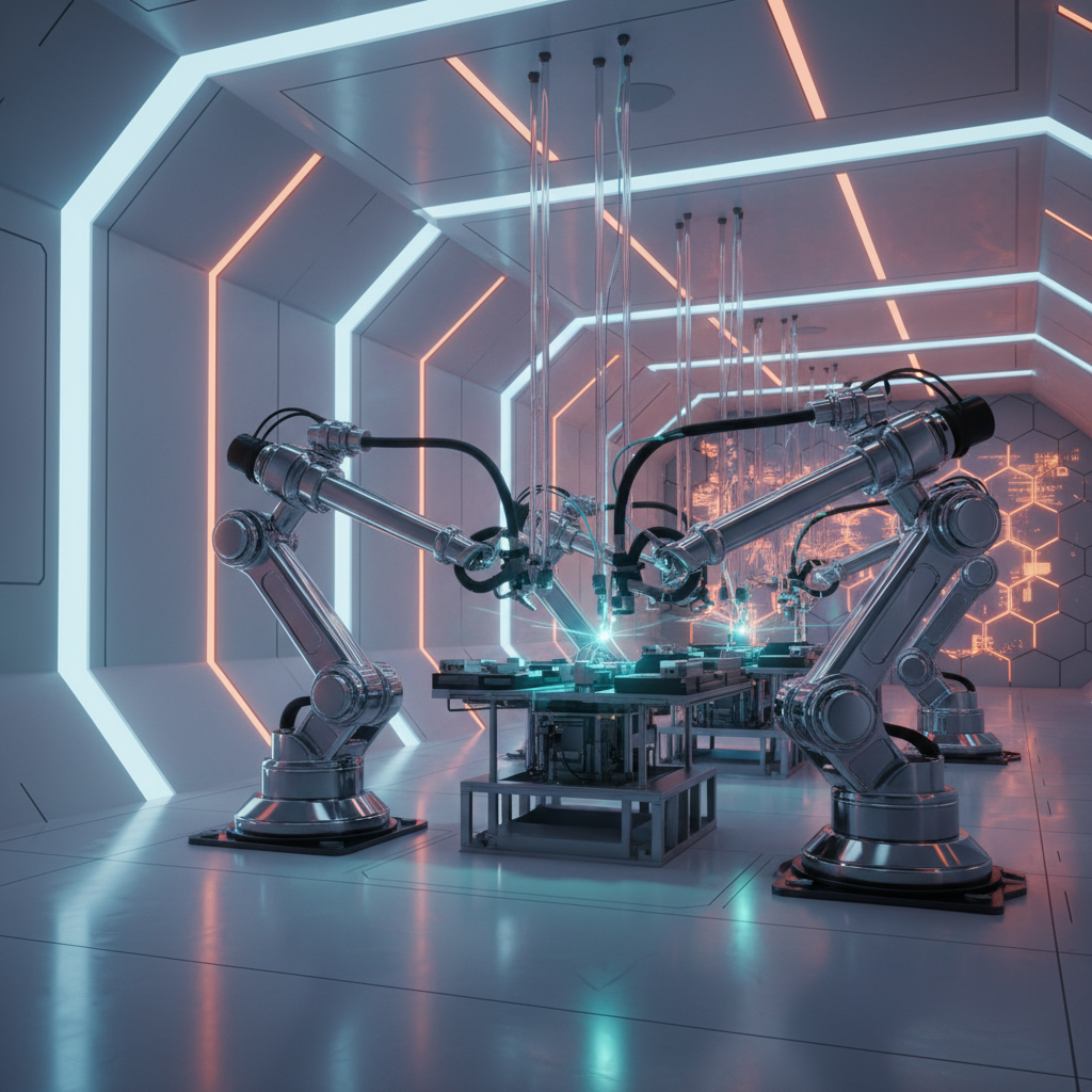 A futuristic interior of a semiconductor manufacturing plant with advanced robotic arms precisely assembling components, clean lines, high contrast, textured background, no text, 1:1 aspect ratio
