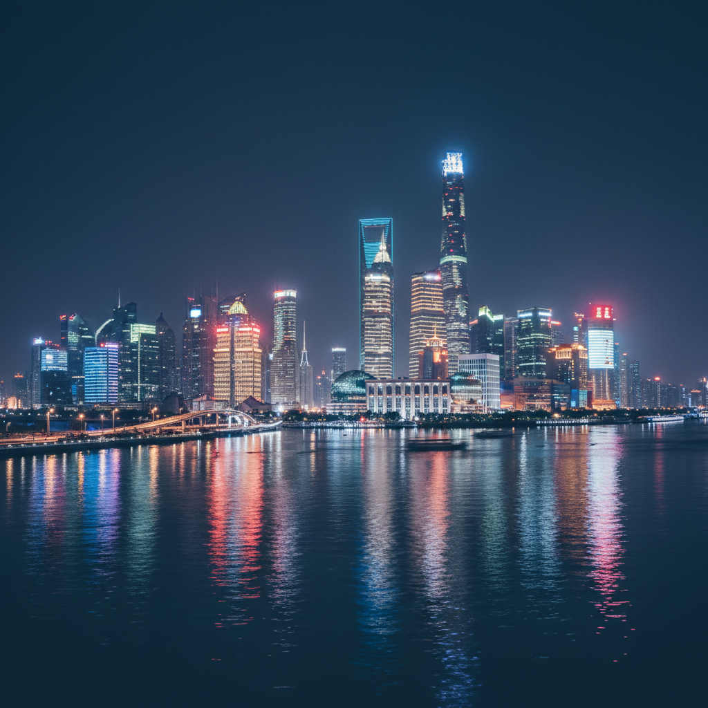 Modern Shanghai skyline at night with neon lights reflecting on the water, Lujiazui financial district, futuristic city atmosphere, lifestyle photography style, no text