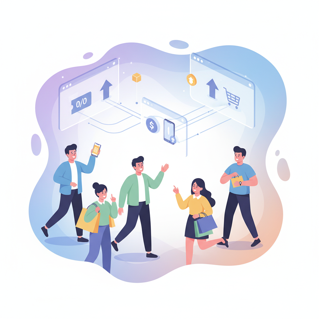 A clean, modern infographic illustration representing future consumption trends driven by smart technology. Abstract elements like floating screens displaying discount symbols, linked connections, and a diverse group of happy consumers (Korean appearance) engaging with these digital benefits. The background is a soft, futuristic gradient. Bright, balanced lighting. No text.