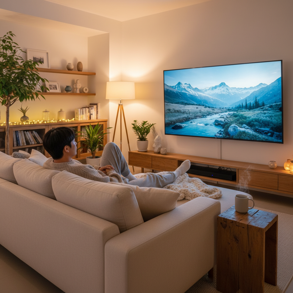 A person comfortably watching high quality content on a large screen at home, cozy living room, warm ambient lighting, lifestyle photography, Korean appearance, no text