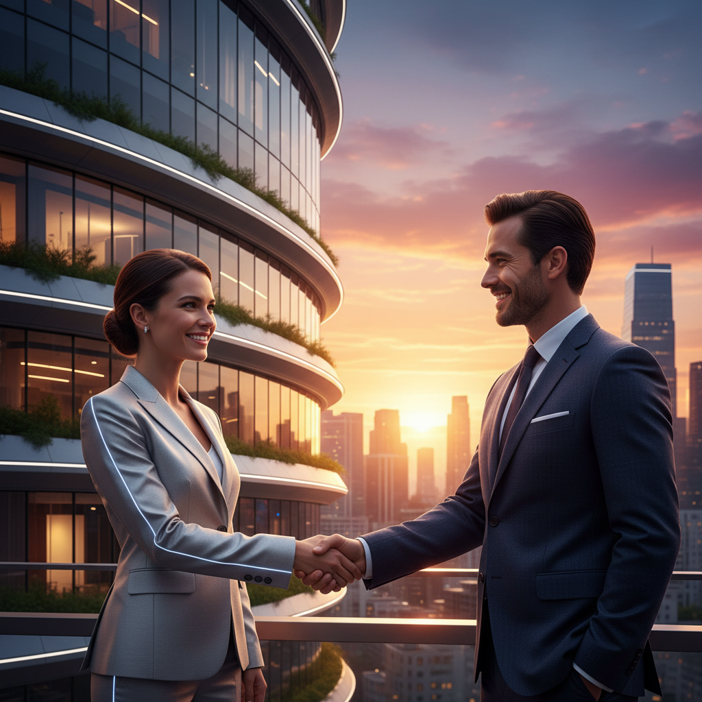 A futuristic bank building with two professionals shaking hands in the foreground, warm sunset lighting, colored background, professional composition, no text