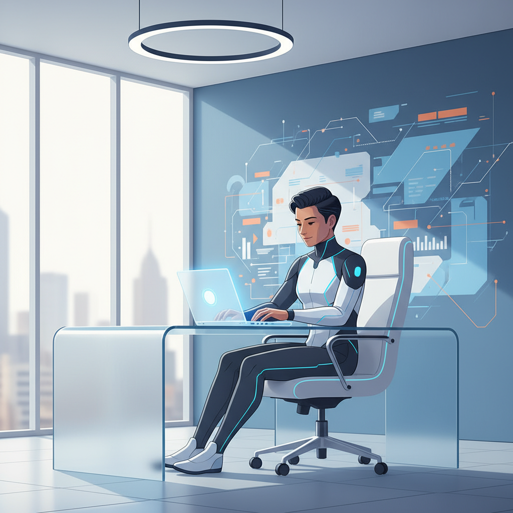 A confident individual with a futuristic, clean aesthetic working on a laptop in a modern, well-lit home office. The background shows abstract representations of data or connectivity. Style: clean infographic, modern layout, high contrast. No visible text.
