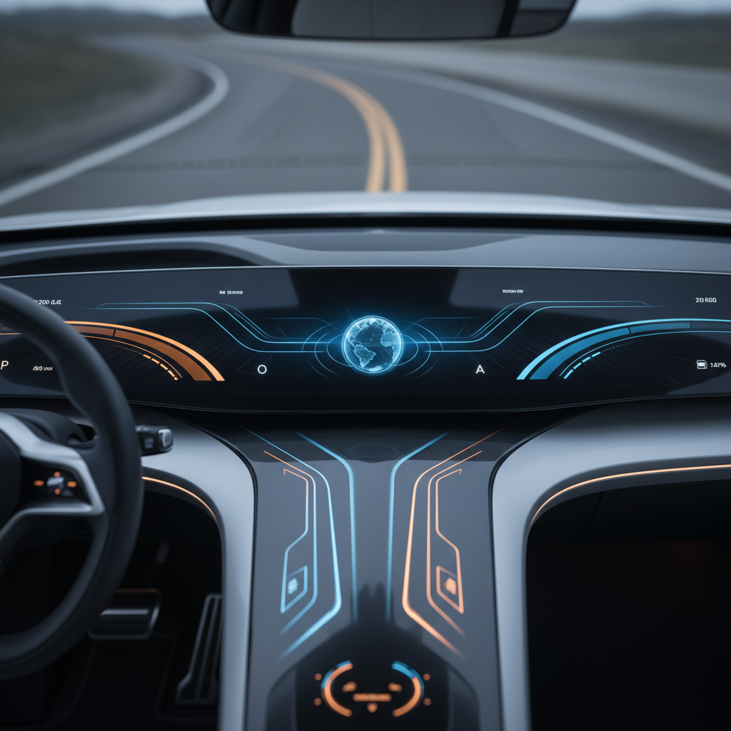 Close up of a futuristic electric vehicle dashboard with a clean digital interface, glowing blue and amber light, modern high tech aesthetic, no text
