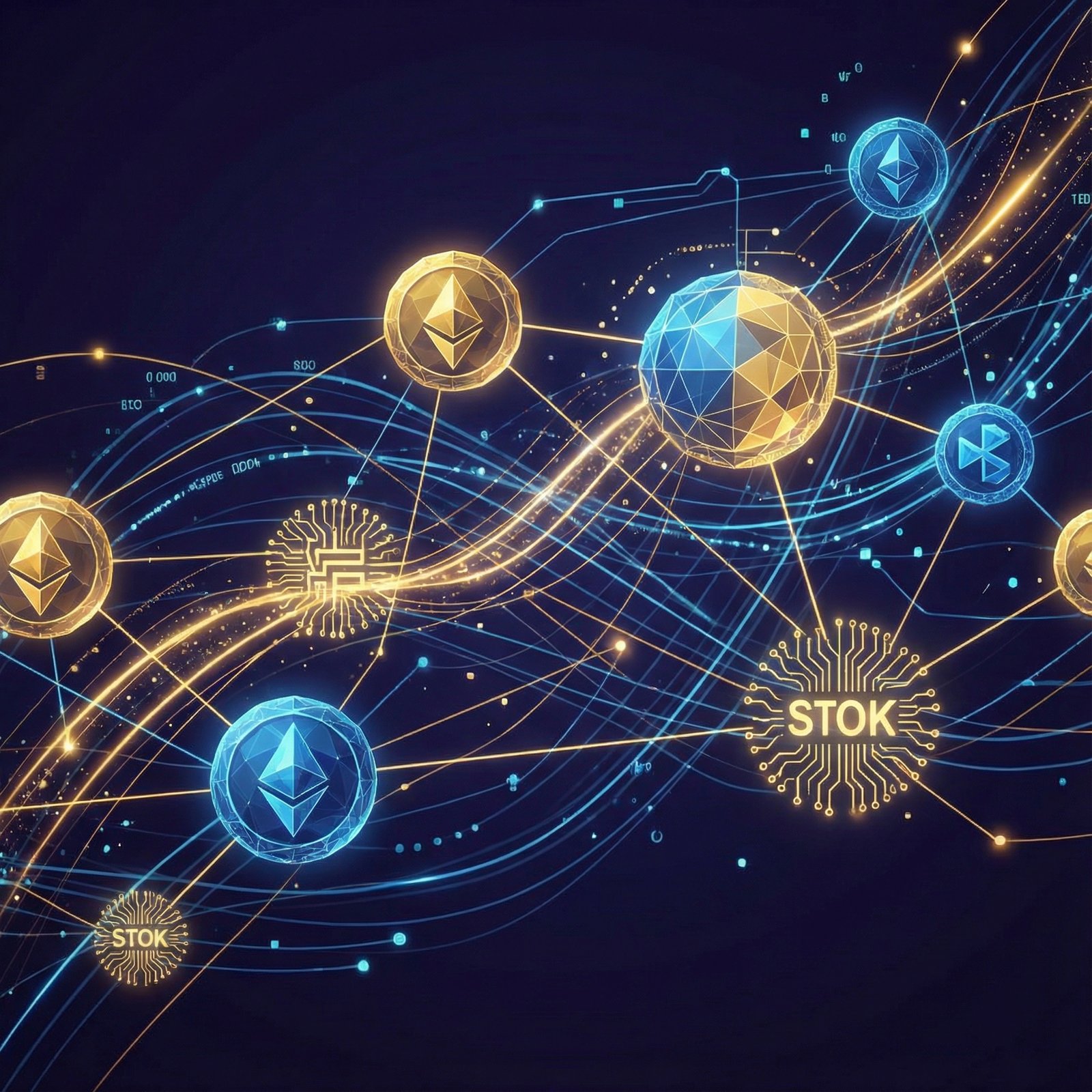 An abstract representation of a global network connecting digital coins and corporate stocks, glowing lines of data, dark blue and gold color palette, futuristic financial technology style, 1:1 aspect ratio
