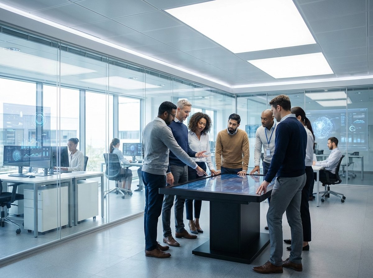 A futuristic corporate office environment with world-class engineers collaborating, clean infographic elements in the background, bright balanced lighting, professional atmosphere, no text, 4:3