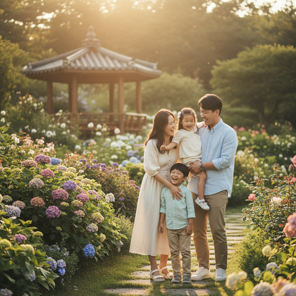 A lifestyle photography of a Korean family smiling together in a garden, warm sunset lighting, natural setting, visually rich composition, no text