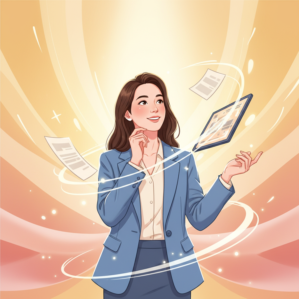 A bright and hopeful Korean office worker looking forward, perhaps planning a future or dreaming, with a slight smile, dynamic composition, warm gradient background, no text, inspiring illustration