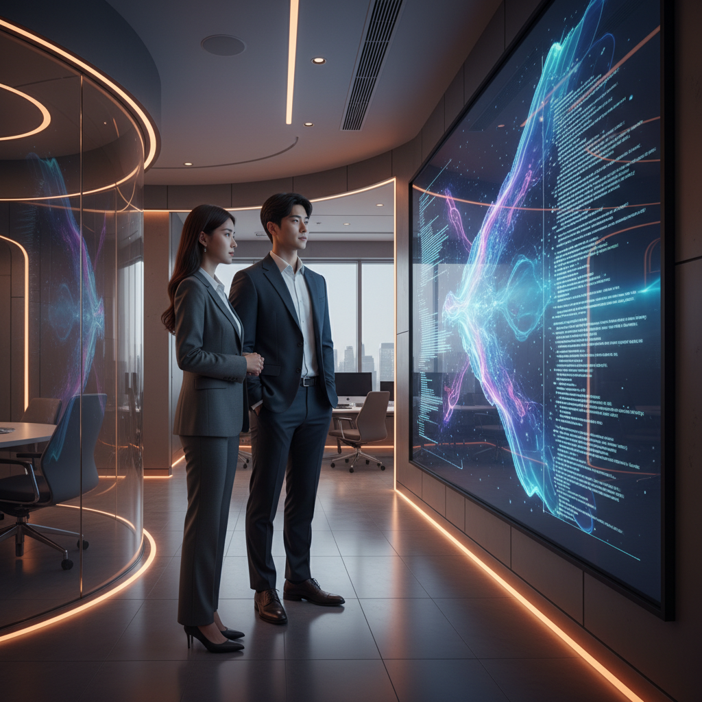 Two young professional entrepreneurs in a modern high-tech office looking at a large screen with glowing AI code patterns, cinematic lighting, warm ambient colors, Korean tech office vibe, no text