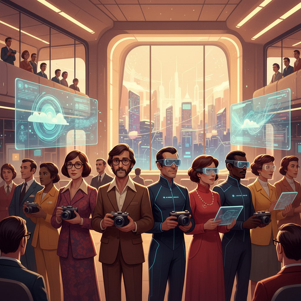 A thought-provoking illustration of a diverse group of Kodak employees from different eras, subtly blending 1970s and futuristic elements, looking towards a digital horizon. The scene should be set in a modern, collaborative office space with a warm, inviting atmosphere. No text, artistic rendering style.