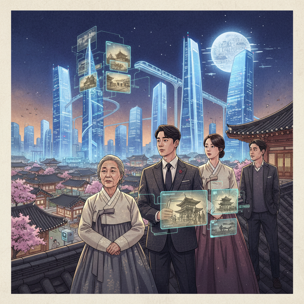 A thought-provoking illustration of diverse Korean people looking towards a futuristic cityscape, contemplating their past and future. Show a blend of traditional and modern elements, with a hopeful yet reflective mood. Style: artistic rendering, textured background. No visible text, Korean appearance for people.