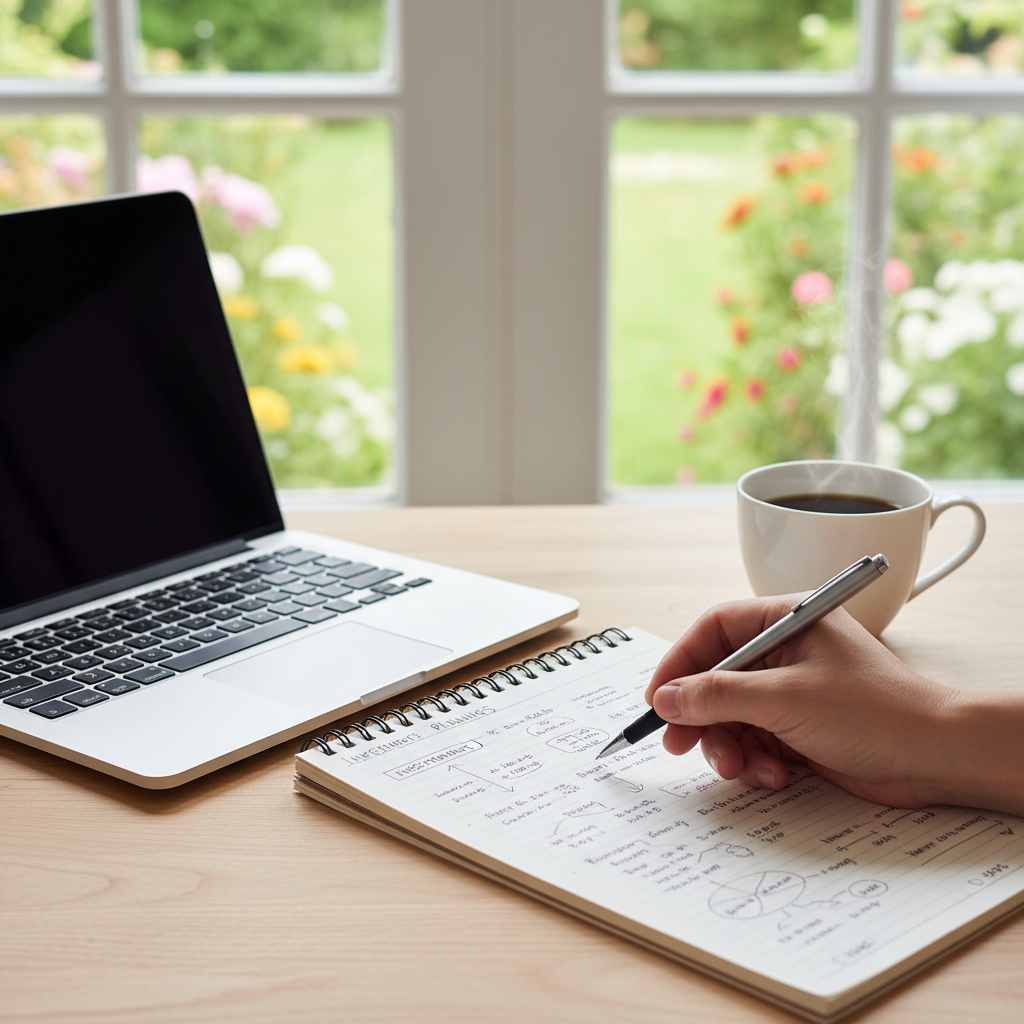Close up of a person hands writing financial plans in a notebook with a laptop and coffee nearby, bright airy room, blurred garden background, no text