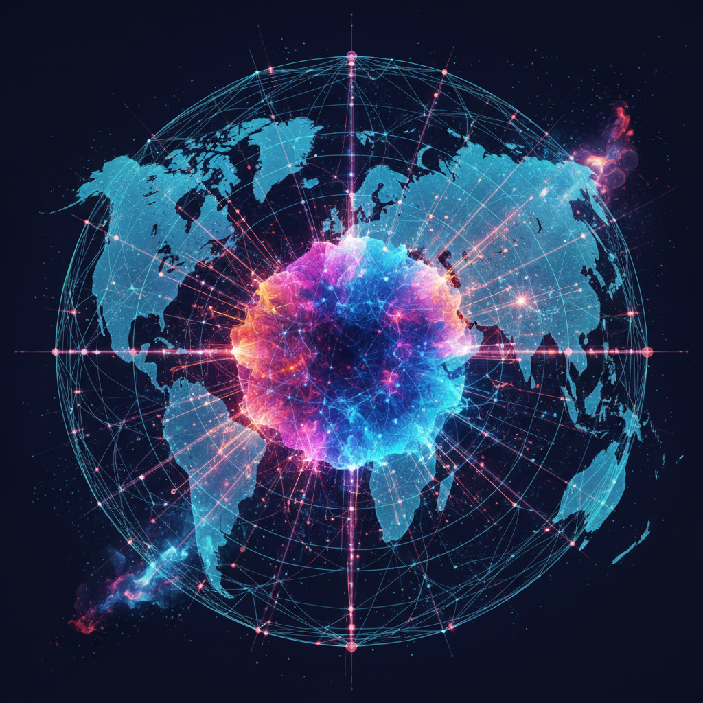 Abstract digital visualization of neural networks and global connectivity, vibrant gradients, detailed composition, no text, 1:1