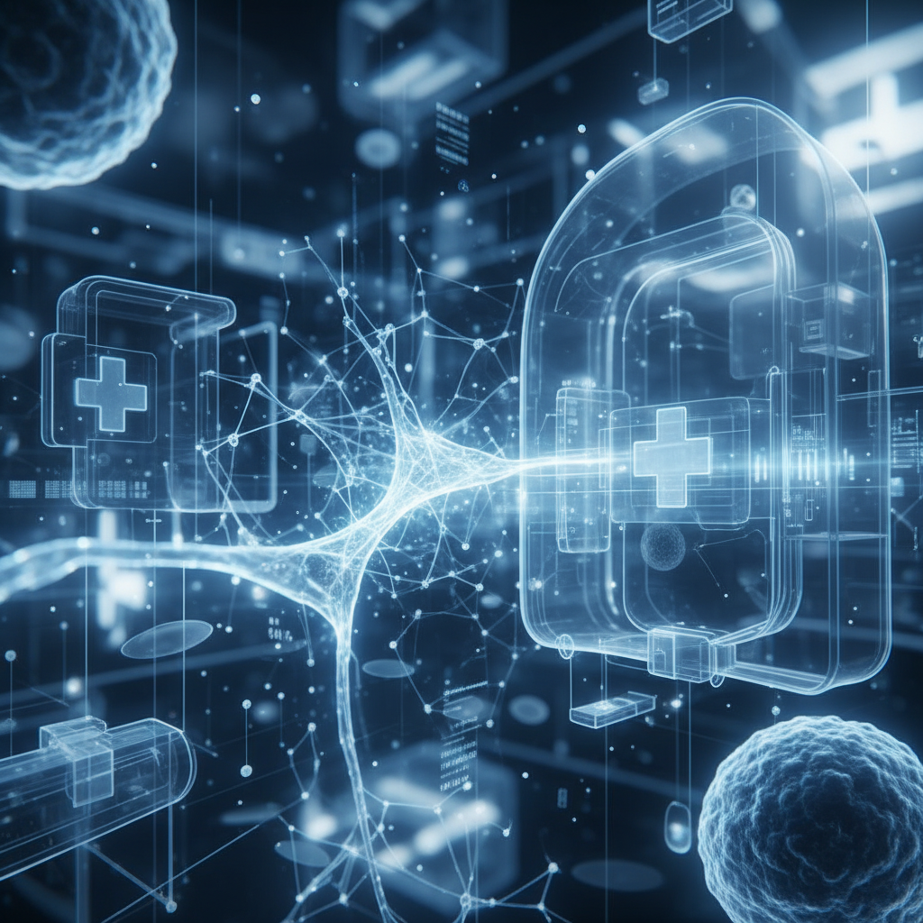 A digital conceptual art showing the intersection of human health and artificial intelligence, glowing neural networks, clean medical technology background, soft blue and white tones, high contrast, no text