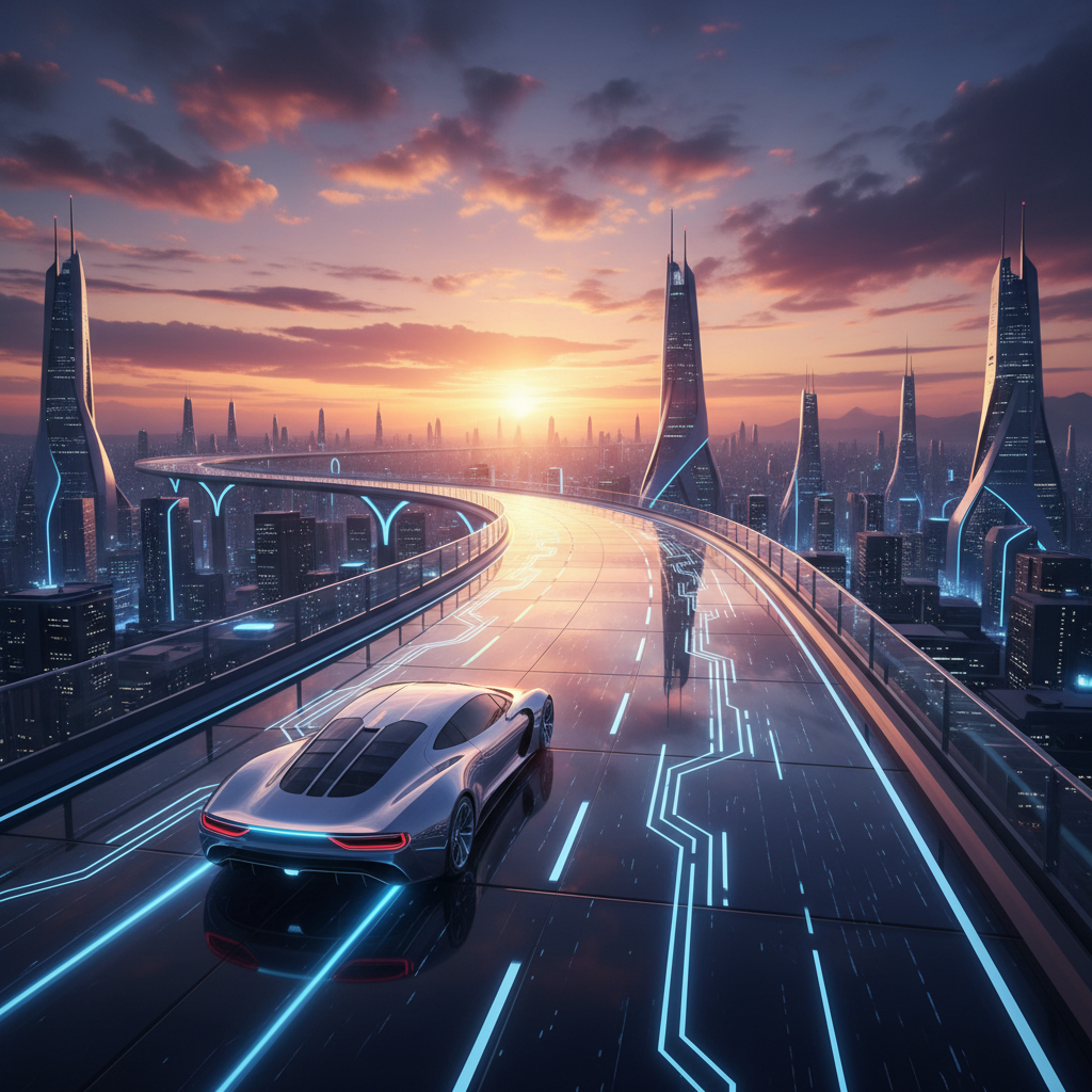 A futuristic electric vehicle driving on a high-tech highway at sunset, sleek design, vibrant orange and purple sky, wide angle, no text