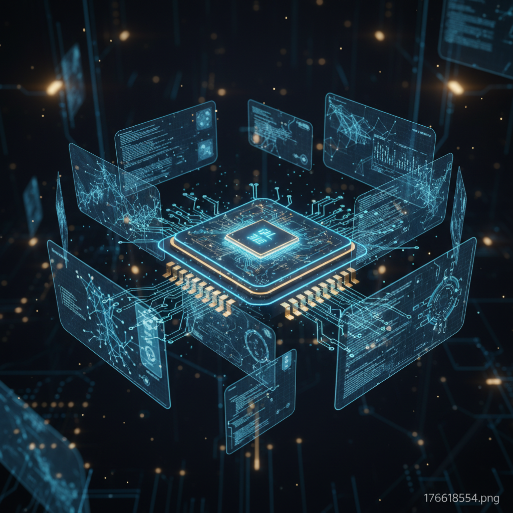 A digital blueprint of an advanced AI processor, floating holograms of data structures, blue and gold color palette, professional high-tech atmosphere, no text
