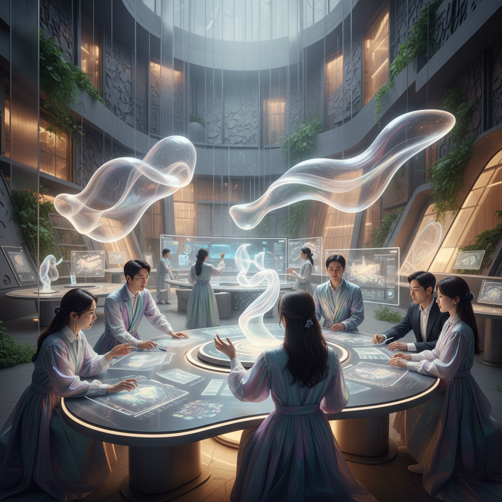 Futuristic workplace where creative people collaborate with AI, soft light, rich background texture, Korean appearance individuals, no text
