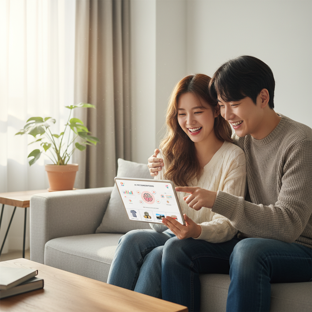 A young Korean couple smiling while looking at a tablet showing a personalized shopping dashboard managed by AI, lifestyle photography, natural lighting, modern living room, no text