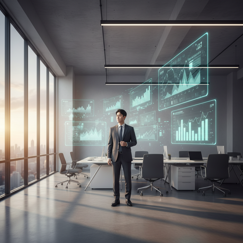 A modern office setting with a Korean professional looking at holograms of financial data, warm sunlight through large windows, clean interior, no text