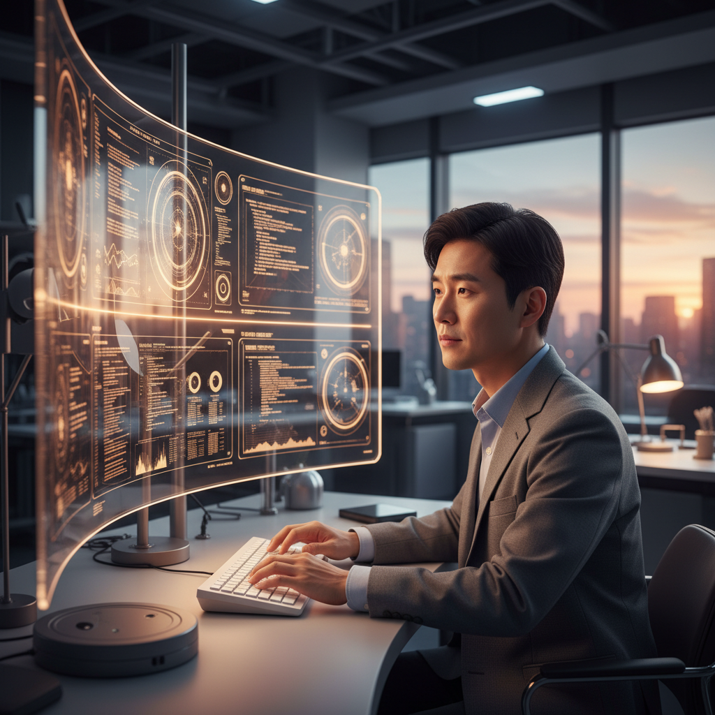 A Korean technician monitoring complex data on high-tech screens in a modern laboratory, warm lighting, natural expression, lifestyle photography, no text