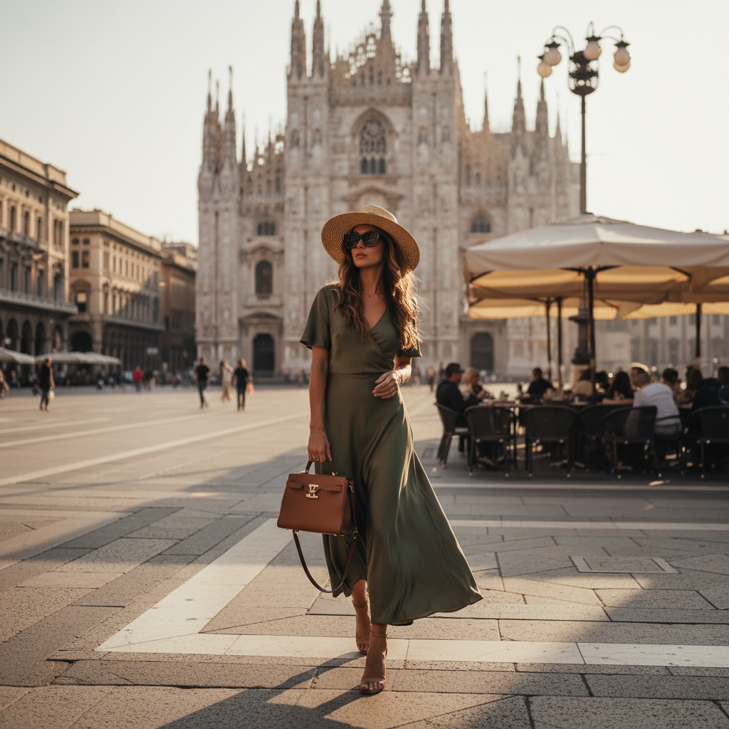 Lifestyle photography of a stylish person walking near a historic Italian plaza in Milan, warm natural lighting, high quality, no text