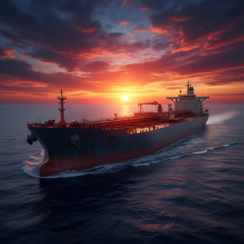 A majestic oil tanker sailing on a deep blue ocean during a dramatic sunset, cinematic lighting, high contrast, vibrant colored background, no text