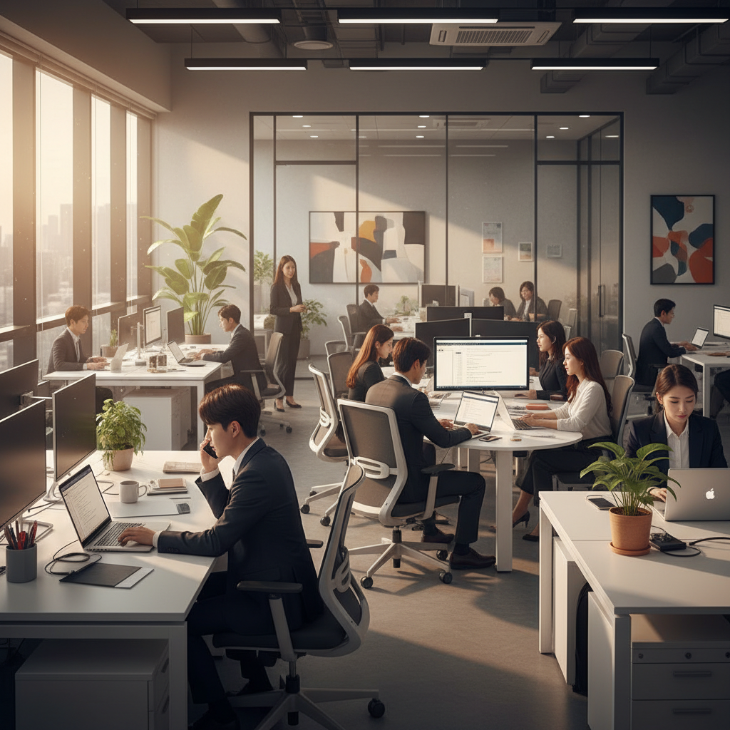 A bustling office scene with Korean professionals actively working, warm lighting, modern office background, no visible text in the image.