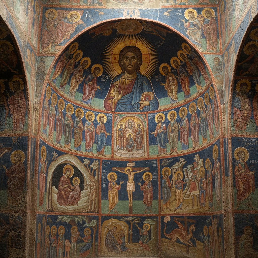 Detailed artistic rendering of medieval frescoes inside a rock-hewn church, showing religious figures and scenes, rich colors, deep historical atmosphere, textured background, no text, bright and balanced lighting, centered focus.