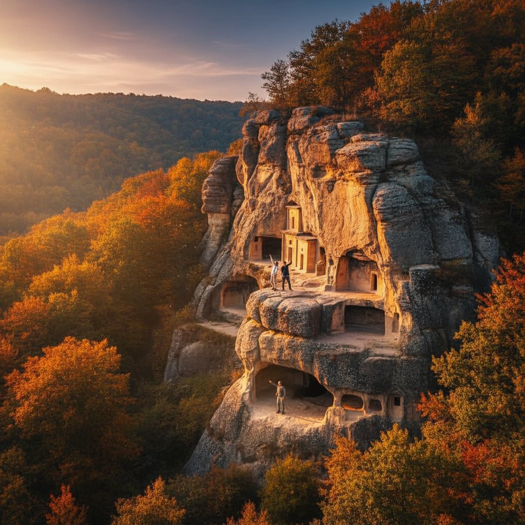 Lifestyle photography of people exploring the Rock-Hewn Churches of Ivanovo, showing the scale of the caves and the surrounding nature, natural setting, warm lighting, colored background, no text, centered focus.
