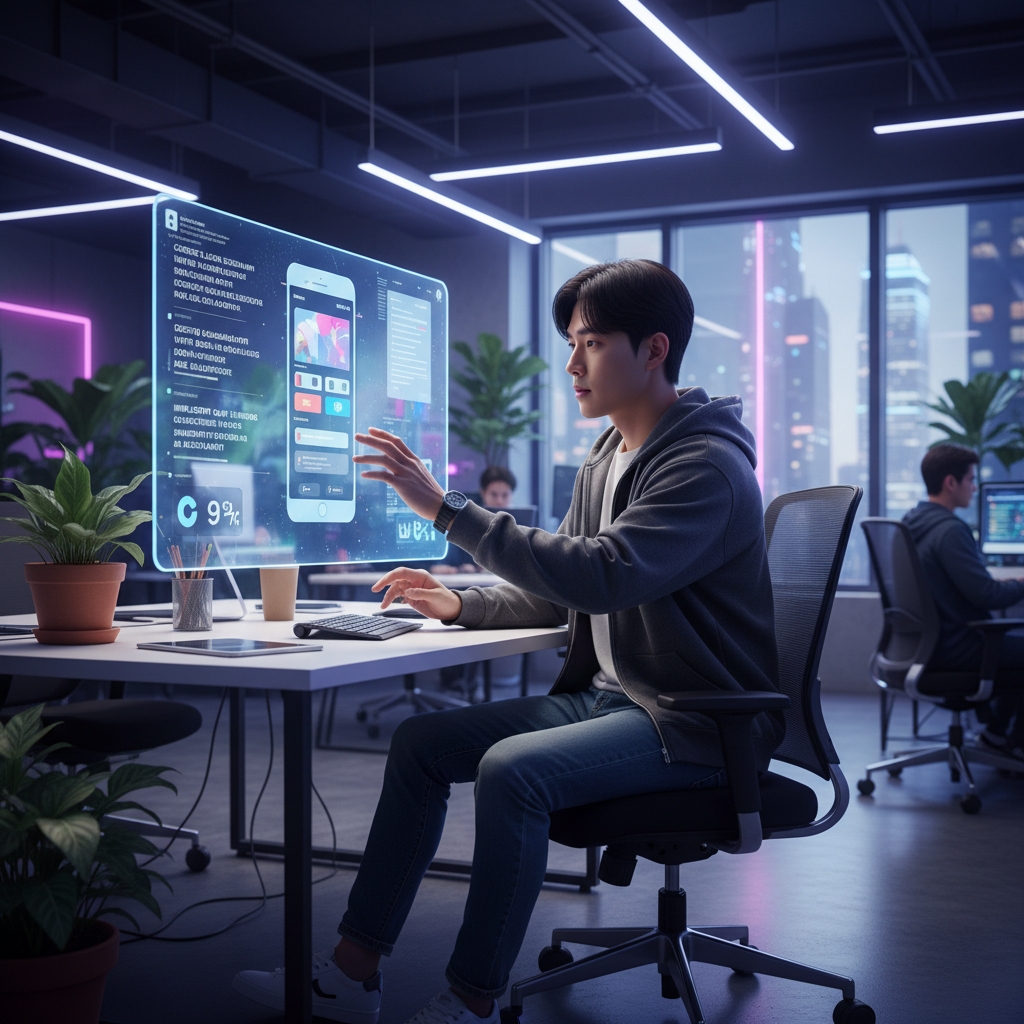 A young Korean developer using an AI tool to build a mobile app via text prompts, vibrant office setting, modern layout, high contrast, no text