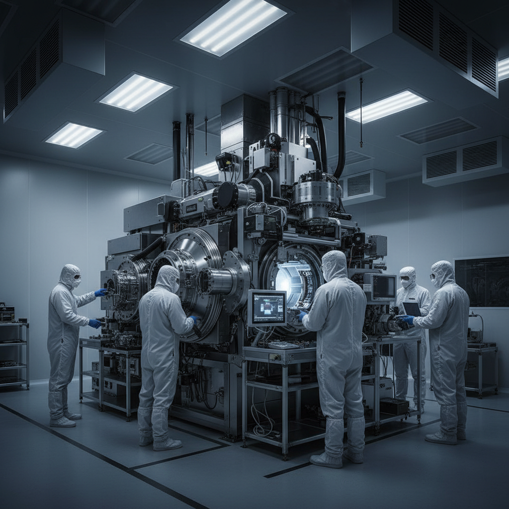Advanced Extreme Ultraviolet Lithography machine inside a sterile cleanroom, technicians in white bunny suits working, high contrast, cinematic lighting, no text