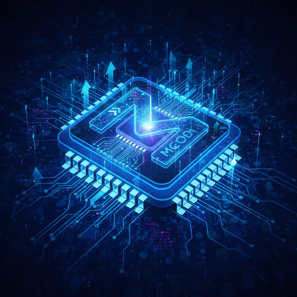 Close up of a high-tech semiconductor microchip glowing with blue light, representing AI technology and Micron earnings, modern infographic style, rich dark background, no text