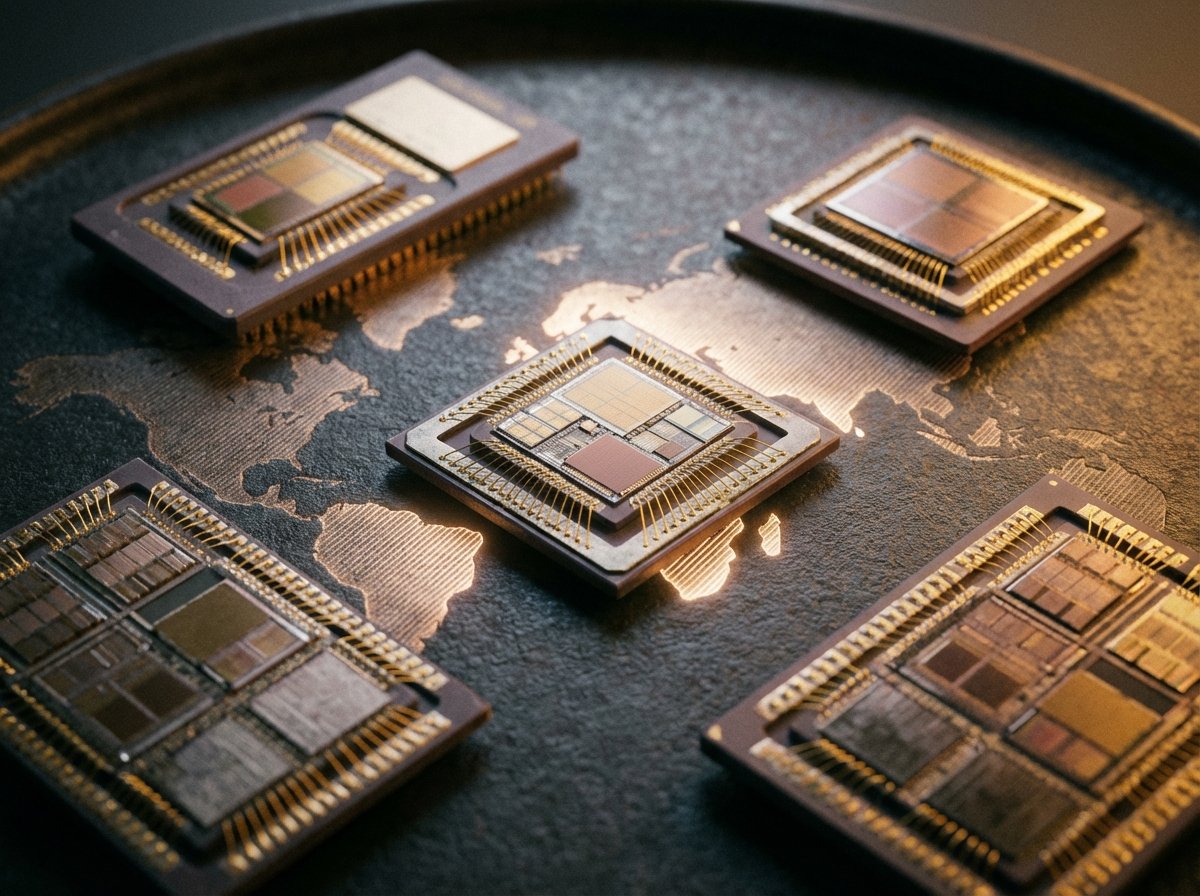 High-tech semiconductor chips arranged on a clean surface with a subtle global map background, soft warm lighting, professional photography style, rich textures, no text, 4:3