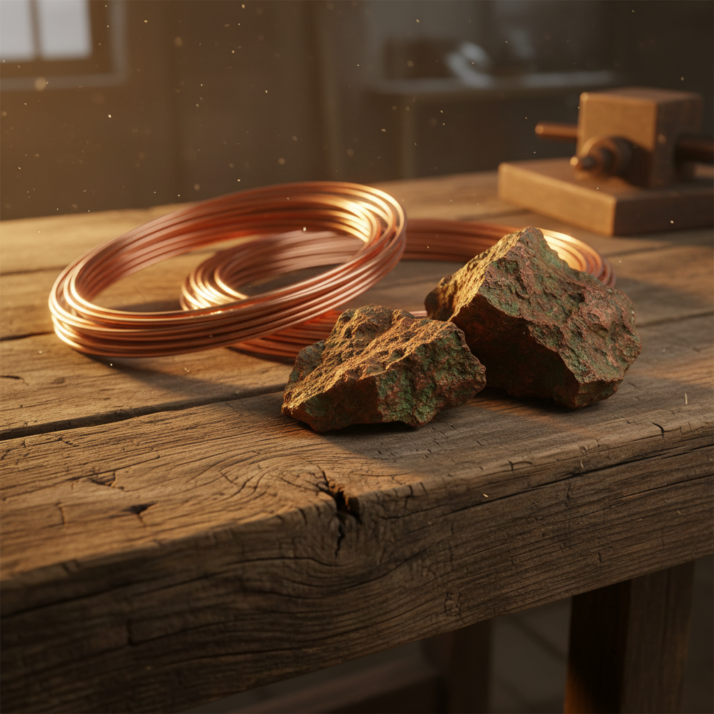 A close-up shot of shiny copper wires and raw copper ore on a rustic wooden table, warm golden lighting, industrial yet natural atmosphere, rich colors, no text
