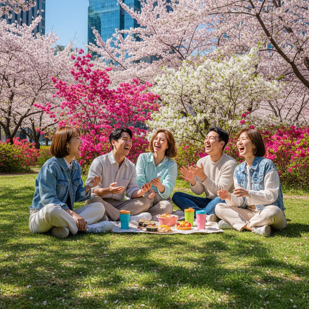 A group of Korean friends laughing and talking together in a bright park, positive atmosphere, vibrant colors, outdoor setting, high contrast, no text