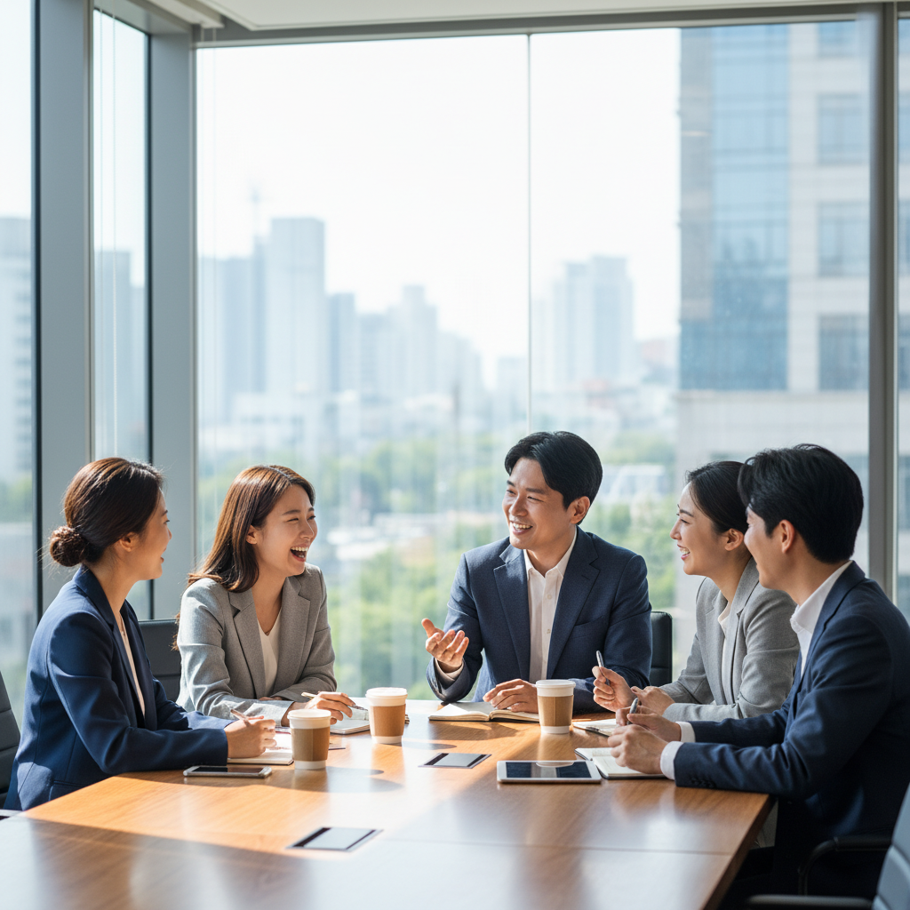 Group of Korean professionals having a positive discussion in a glass wall meeting room, natural sunlight, lifestyle photography, 4:3, no text