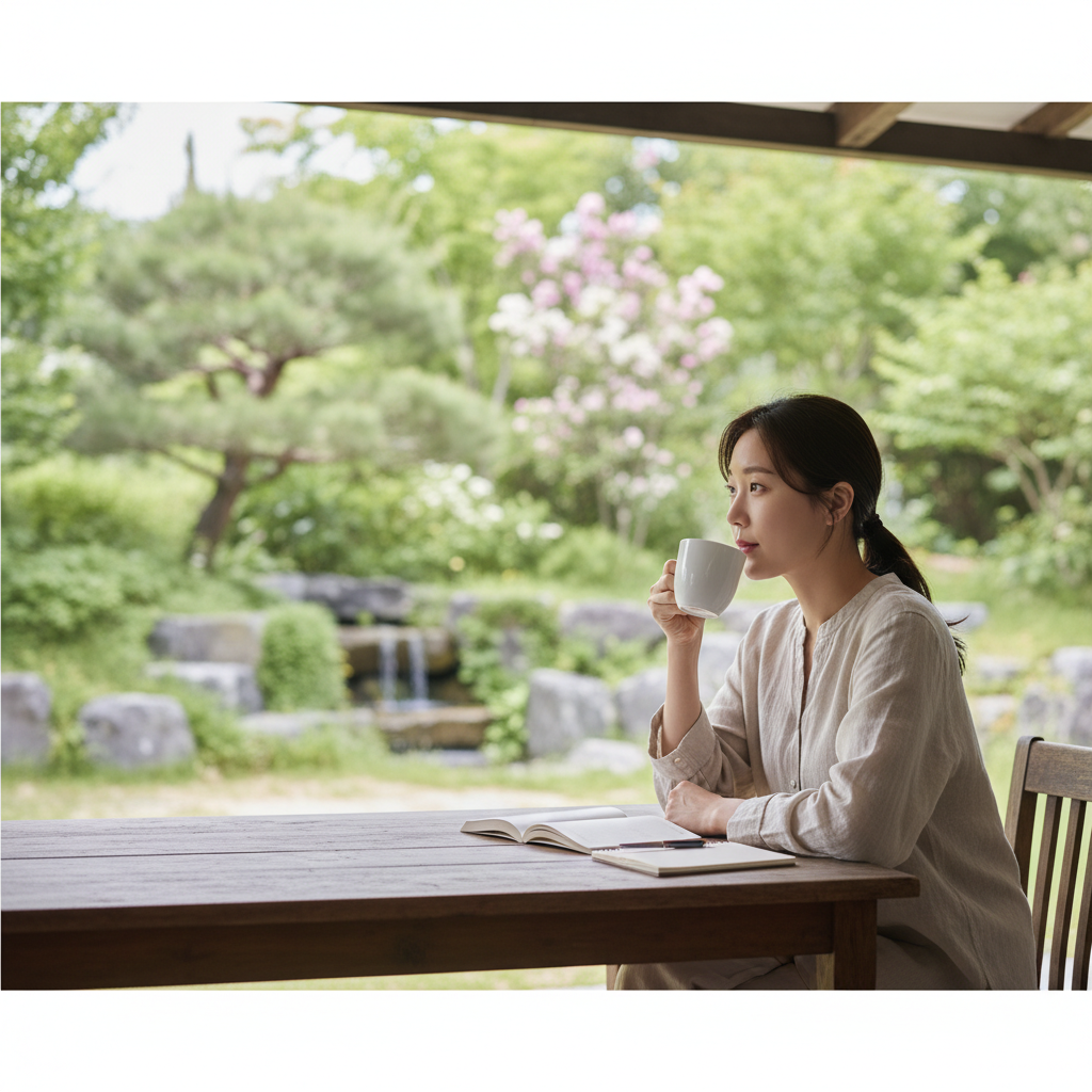 A Korean person peacefully drinking coffee and contemplating in bright, balanced lighting, a serene lifestyle photography, natural setting, no visible text