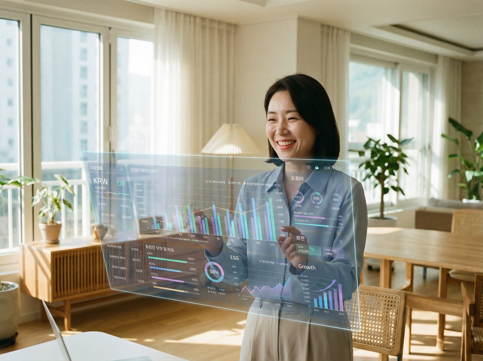 A Korean female investor smiling and looking at a holographic display of investment data, light and airy modern home office, natural soft lighting, optimistic atmosphere, 4:3 aspect ratio