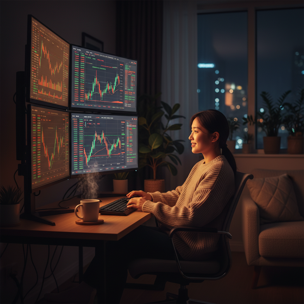 A person sitting in a dimly lit modern room looking at multiple monitors showing financial data and stock trends, warm lighting from screens, cozy atmosphere, Korean appearance, lifestyle photography, 4:3