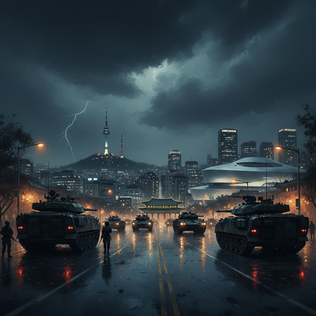 A cinematic night scene of Seoul city with military vehicles positioned near major landmarks, dark and intense atmosphere, street lights reflecting on wet pavement, high contrast, artistic rendering, no text