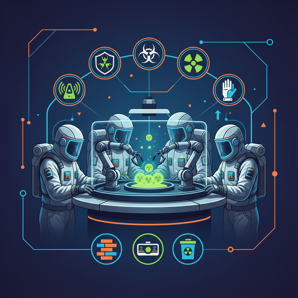 infographic, clean layout showing advanced radiation safety protocols and equipment in a laboratory. Scientists in modern protective gear are working safely with radioactive materials. High contrast, modern design, colored background. No text.