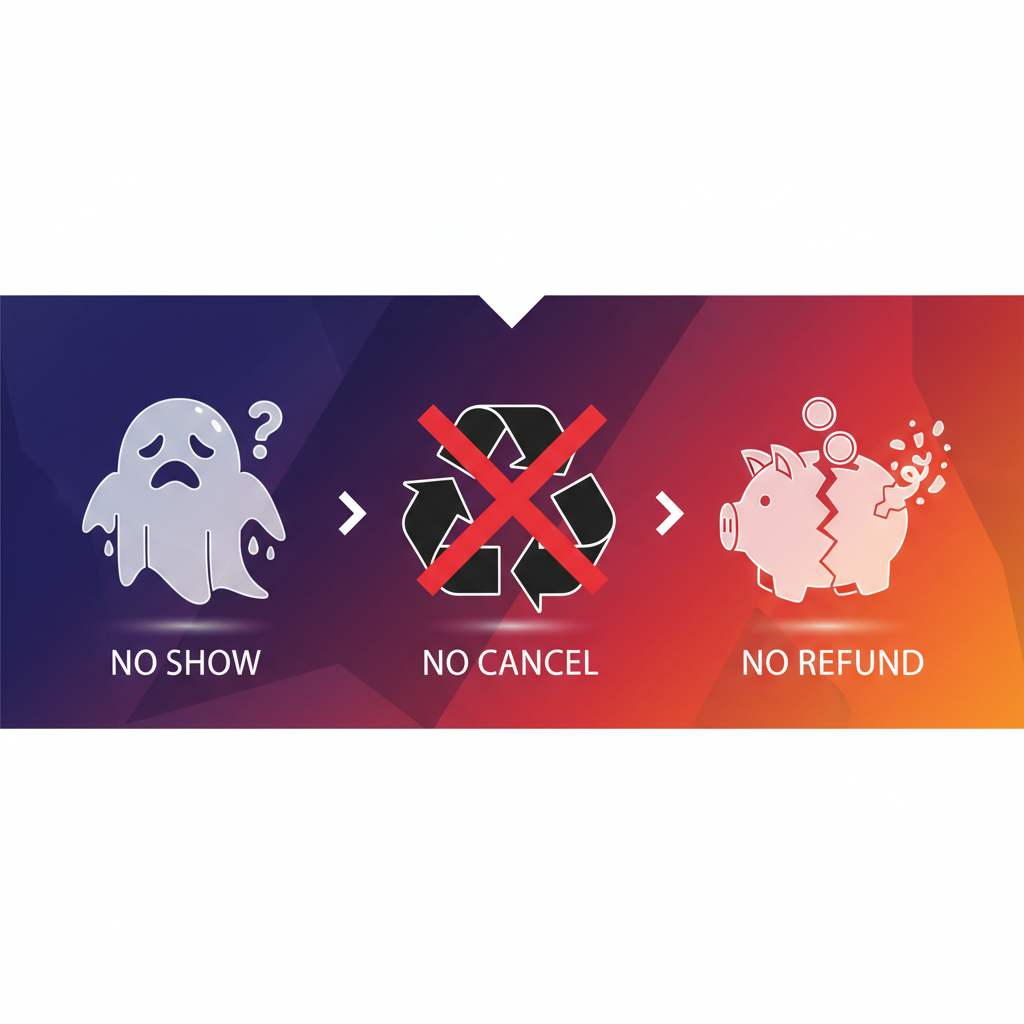 Clean infographic with modern layout and high contrast, illustrating the concept of "delivery hell" (배달지옥). Use three distinct icons: a ghost icon for "no show," a crossed-out recycle symbol for "no cancel," and a broken piggy bank for "no refund." The background is a vibrant gradient, and the elements are visually rich, without any text.