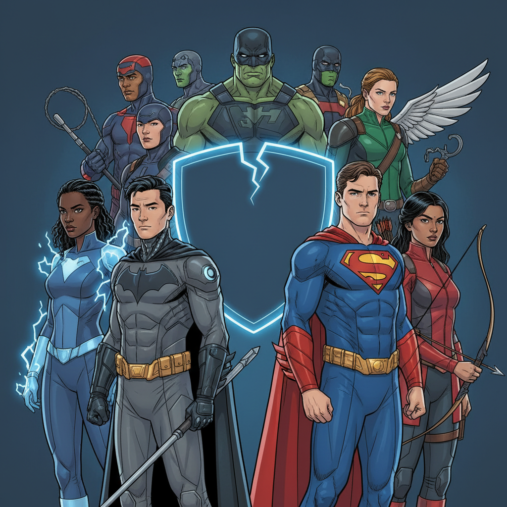 An infographic illustration showing a diverse group of superheroes, but with a noticeable empty space where Batman would typically be positioned. The overall atmosphere is serious and thoughtful. Style: clean infographic, modern layout, high contrast. No text.